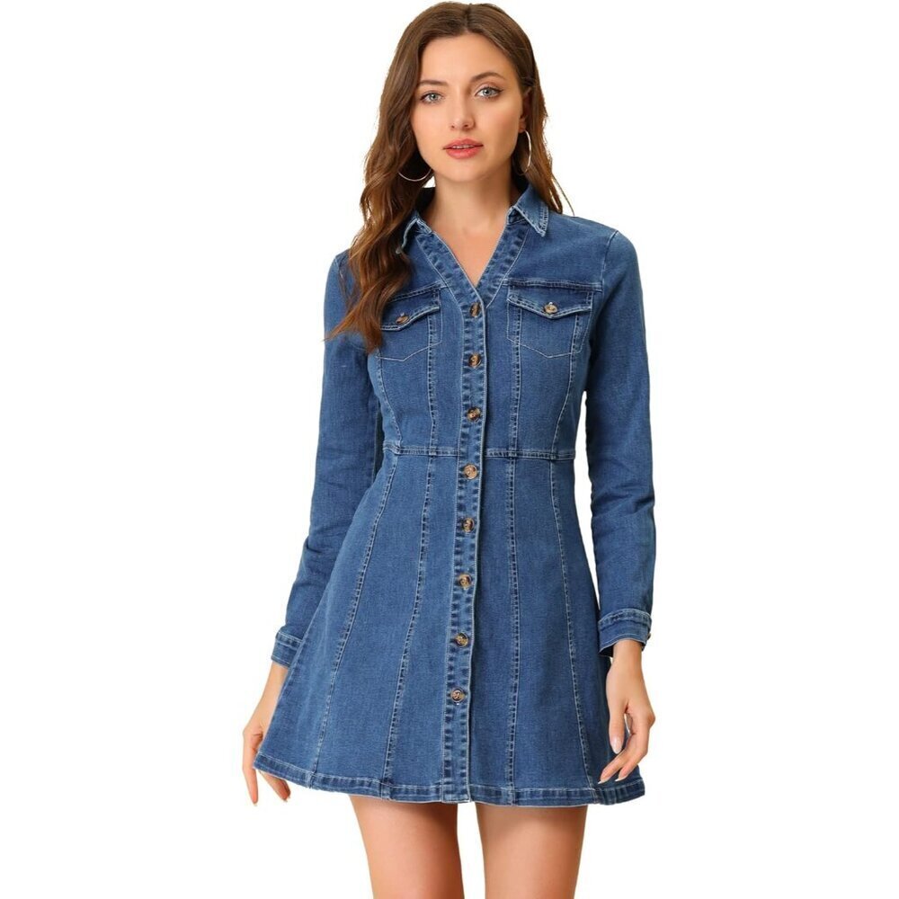 Women's Denim Dress Button Down Collar V Neck Long Sleeve A-line Cotton Jean Dre